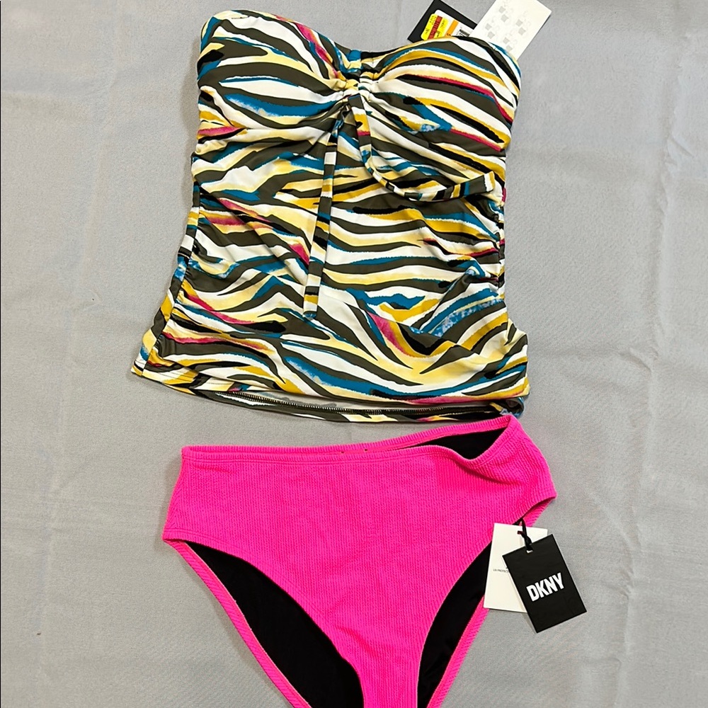 DKNY Multicolor Strapless Swimsuit with Pink Bottom